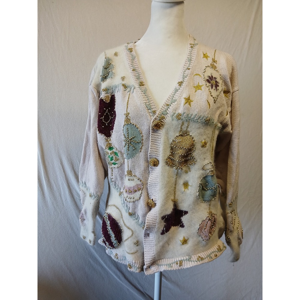 Vintage holiday cardigan beaded eagles eye large christmas wool blend